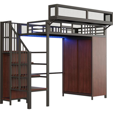 Cama alta de metal 90 x 200 cm con armario, escalera de seguridad y LED, negra HOMVRA (1/5)
