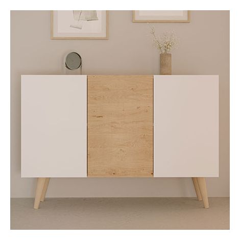 Les Tendances – Buffet 3 portes blanc et chêne 120x39,9x95,5 cm – Système de fermeture soft close – Finition durable – Pieds en hêtre laqué (1/8)