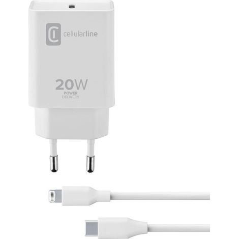 Cellularline USB-C Charger Kit 20W USB C a Lightning Charger para Apple Iphone 8 y posterior Blanco