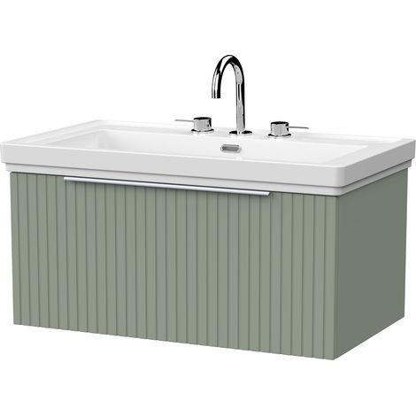 Callingwood Contemporary Wall Hung 1 Drawer Vanity Unit with Traditional 3 Tap Hole Fireclay Basin , 800mm, Reed Green