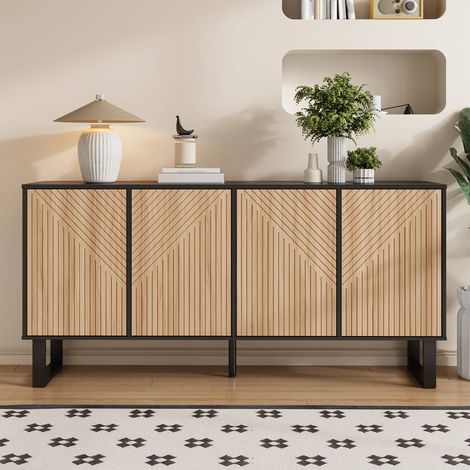 Buffet 160 cm, meuble de rangement avec 4 portes à motifs striés 3D, pieds en métal, pour salon, naturel (1/5)