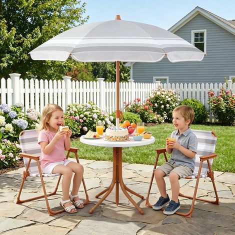 Ensemble pique-nique pour enfant naturel 4 pièces avec table, 2 chaises pliantes et parasol réglable pour jardin et plage (1/5)