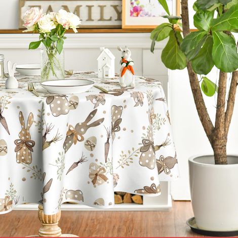 1 Nappe ronde 120 cm, motif lapins et carottes, polyester lavable, pour cuisine et fête de Pâques