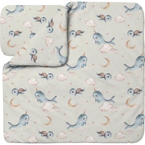 Waldin Ropa de Cama Bambú Bebé sin Funda, Edredón y Almohada 75x75 cm, Ballenas Oliva (1/5)