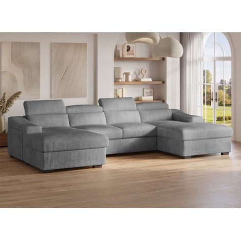 Deco In Paris – Canapé panoramique convertible en U avec 2 coffres de rangement – Velours côtelé épais gris – Couchage confortable pour 2 personnes (1/5)