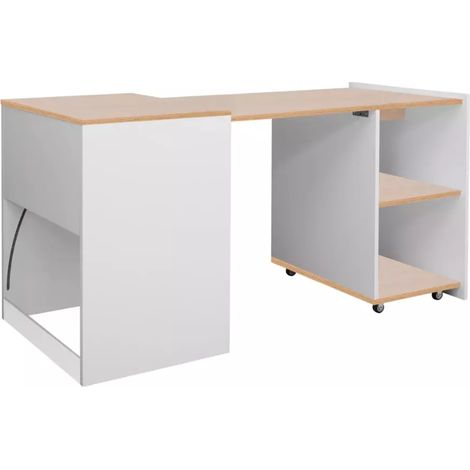 Bureau modulable compact blanc chêne avec étagères sur roulettes – MILIO