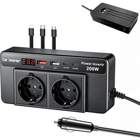 JSSEVN - Sistema de alimentación ininterrumpida (UPS) para automóvil de 200 W (de 12 V a 220 V), con 2 tomas de corriente, 2 puertos USB (36 W), 2 puertos PD (18 W), pantalla LCD y 3 cables de carga. (1/5)