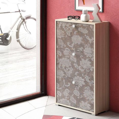 Dmora Scarpiera Peonia, Mobile multiuso da ingresso con 3 ante a ribalta, Armadietto portascarpe a doppia profondità, 100% Made in Italy, Cm 67x28h112, Olmo e fantasia, con imballo rinforzato (1/5)