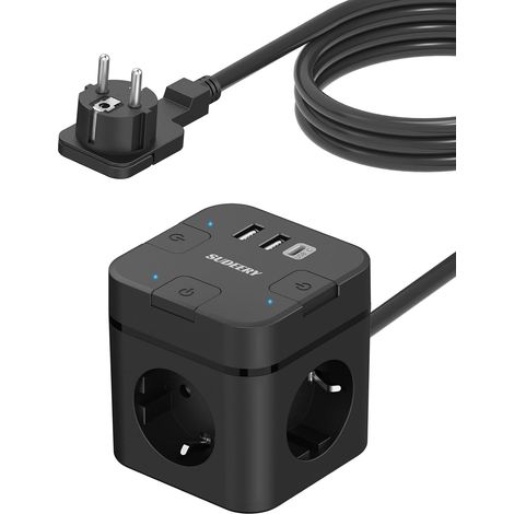 Cube multiprise avec USB C, 3 prises - Fiche plate avec interrupteur individuel - Multiprise avec câble de 2 m - 1 multiprise USB de type C pour bureau, maison, voyage (noir) (1/5)