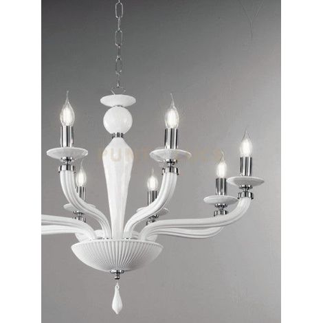 LAMPADARIO VILLA VETRO E METALLO 12 LUCI BIANCO E CROMO ATTACCO E14 D.85CM