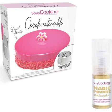 Cadre à pâtisserie extensible rond + 1 poudre alimentaire irisée dorée