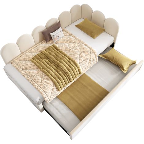 Canapé-lit convertible enfant 90x200 cm avec lit gigogne 90x190 cm avec rangement design ludique à carreaux sommier à lattes velours beige (1/5)