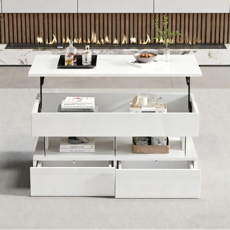 Mesa de centro MDF blanca 100 cm elevable con almacenaje oculto, 2 cajones y LED (1/5)