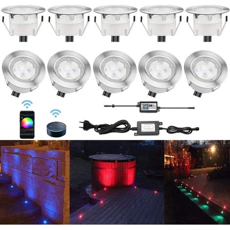 10 Spot LED Eclairage Extérieur Encastrable Sol Terrasse Bois,45mm Spots Encastré Extérieur Fait en IP67 DC12V 1W Avec Alimentation EU Pour Jardin Escalier Patio RGB (1/5)