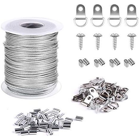 Photo Hangers Kit Picture Hooks,1.5mmx30m Photo Frame Hanging Wire 304 Stainless Steel Wire Spool 30 Pcs Aluminum Folding Buckle Sleeves and 15 Sets D-Ring (1/5)