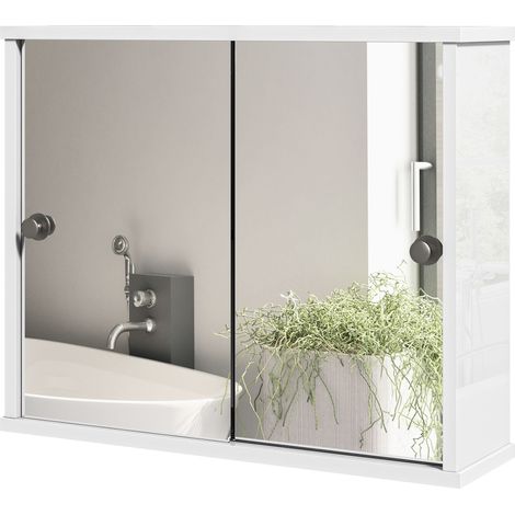 Armoire avec Miroir Murale 55x15x45 cm Blanc Brillant, Étagère Réglable, Porte Coulissante Double