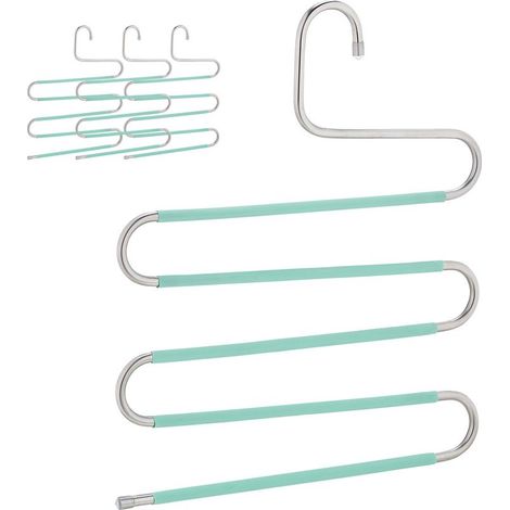 Cintre pour pantalon, lot de 4, forme un S, 5 barres, antidérapant, peu encombrant, argenté et vert (1/5)
