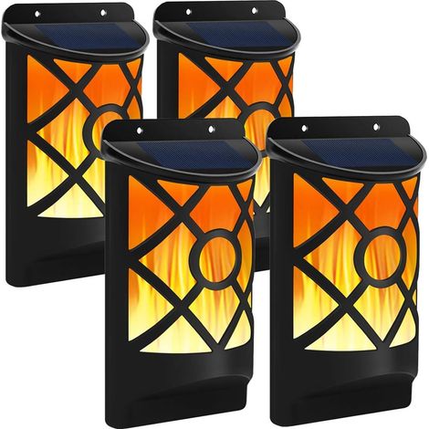 Lampe murale solaire à effet flamme avec capteur, étanche, allumage/extinction automatique, éclairage paysager, veilleuse (4 pièces)