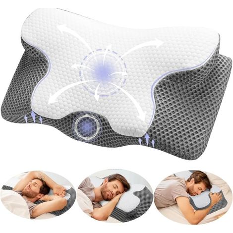 Oreiller cervical ergonomique en mousse à mémoire de forme, soutien orthopédique pour la nuque, adapté aux personnes dormant sur le côté, sur le dos ou sur le ventre. Dimensions : 60 x 34 x 13 cm. (1/4)