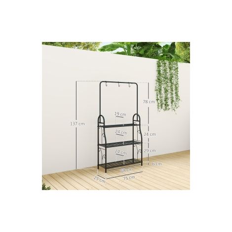 Étagère à plantes noire en métal à 3 niveaux avec barre de suspension et crochets pour salon, balcon et jardin (1/5)