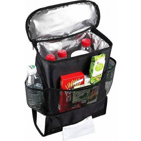 Organisateur de siège auto avec sac isotherme, noir, 3 poches en filet, rangement pour siège arrière (1/4)