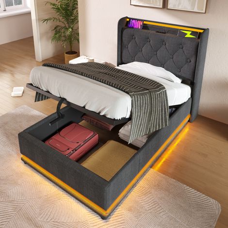 Cama Individual 90x200 cm con iluminación LED perimetral de 360° y carga USB Tipo-C tapizada en lino gris(Sin Colchón) (1/5)