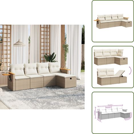5-tlg. Garten-Sofagarnitur mit Kissen Beige Poly Rattan - Gartengestell - Gartenmöbelset - Outdoor Lounge - Rattan Sessel - Gartenlounge (1/5)