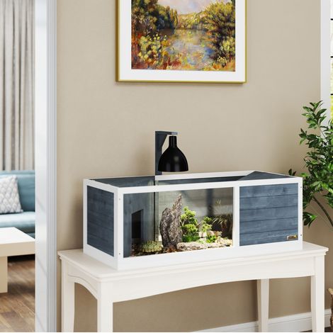 Enclos pour tortue en bois avec deux maisons, plateau central spacieux, panneau frontal transparent, couvercle ouvrant et support lampe, gris CHICFURN (1/5)