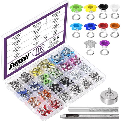 403pcs 10 couleurs 3/16 "fleurs métalliques et oeillets ronds avec kit de combinaison d'outils de montage, oeillets métalliques multicolores et oeillets kit pour armes à feu (1/5)