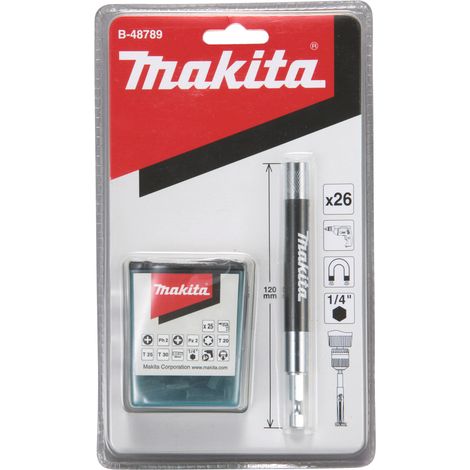 Makita Magnetischer Bithalter mit Schiebehülse, 120 mm, inkl. 25-tlg. Bitset 1/4" • 120mm • 26 stk