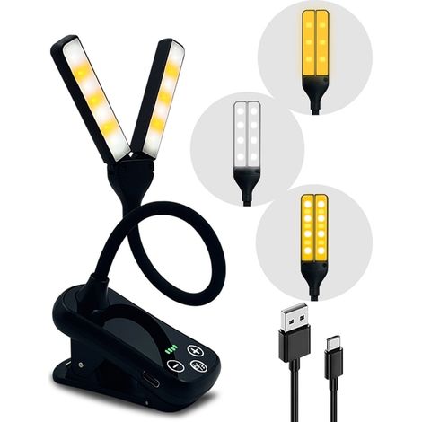 Wiederaufladbare Leselampe, Doppelkopf, 10 Helligkeitsstufen, zum Anklemmen, Akkulaufzeit bis zu 80 Stunden (USB), ideal zum Lesen im Bett, um 180° drehbarer Clip für optimalen Sehkomfort. (1/5)