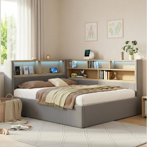 Etagenbett 140/200 cm en velours gris avec rangement, LED et USB (1/5)
