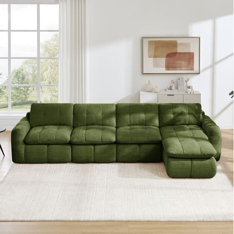 Canapé modulable d’angle 4 places 334 × 160 × 68 cm en chenille vert avec pouf (1/5)