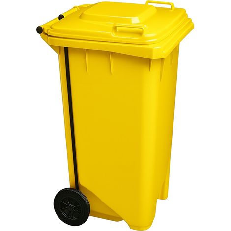 Cubo Basura 120 Litros con Pedal y Ruedas Amarillo Contenedor Residuos HDPE Robusto Cierre Hermético con Asas Industrial