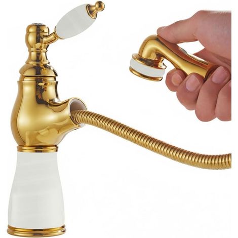 Grifo para lavabo de un solo orificio con cabezal extraíble y monomando, para agua fría y caliente (blanco, dorado A corto) (1/5)