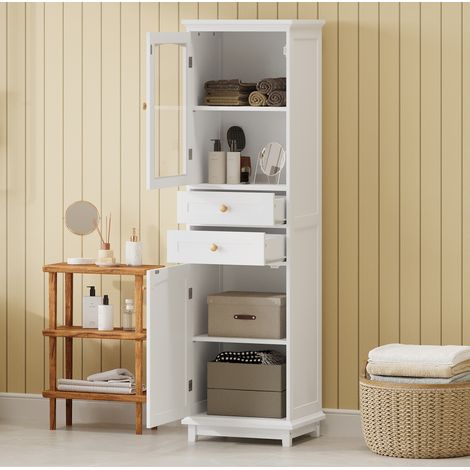 Meuble de salle de bain 45,11 x 36,1 x 160 cm blanc en MDF avec portes vitrées et 2 tiroirs (1/5)
