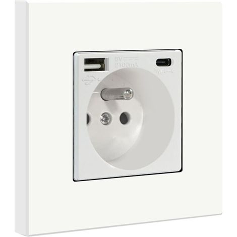 Wall socket with USB and 1 Type-C port, 16A AC power outlet with panel, wall-mounted power strip (Max 2.1A), suitable for smartphones and tablets