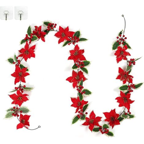 Weihnachts Girlande 250cm mit roten Sternblumen und Beeren (1/5)