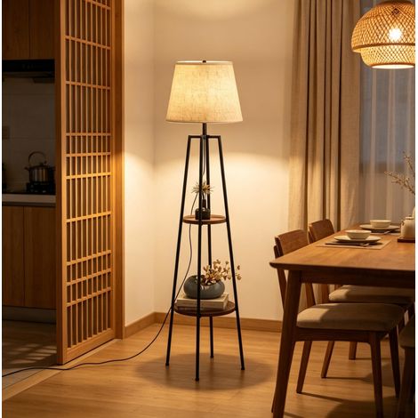 Lampada da terra con 2 ripiani integrati, treppiede, 42 x 42 x 166 cm, nero e marrone OKMYHOME (1/5)