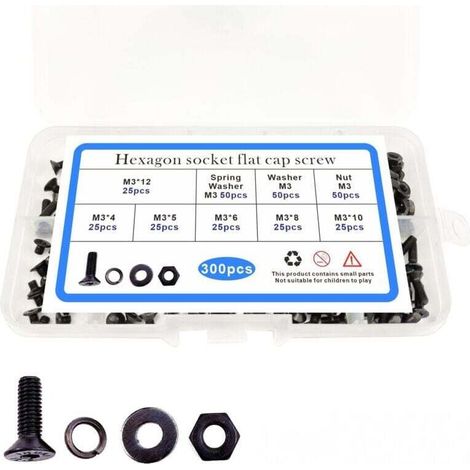300pcs tête fraisée noire m3 boulon écrou, plat pad Spring box set, tête plate vis hexagonale intérieure,de (1/4)