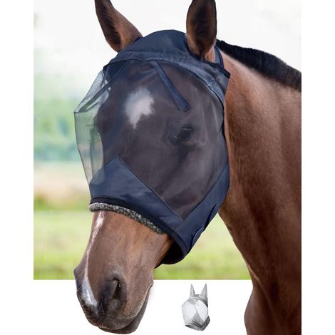 Masque anti-mouches pour cheval standard, grand espace pour les yeux, noir, taille L