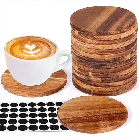 16 pièces Unfinished bois sous verres 4 pouces rond sous verres bois bricolage Non Slip Silicon Dots bricolage Stained (1/5)
