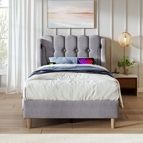 Lit simple rembourré gris avec USB sommier lattes 90x200 (1/5)