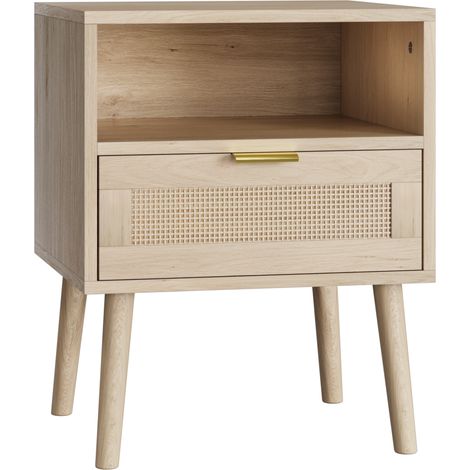 Boho-Nachttisch aus MDF und Rattan, Eichenoptik, 45 x 40 x 55 cm, 1 Stück (1/5)