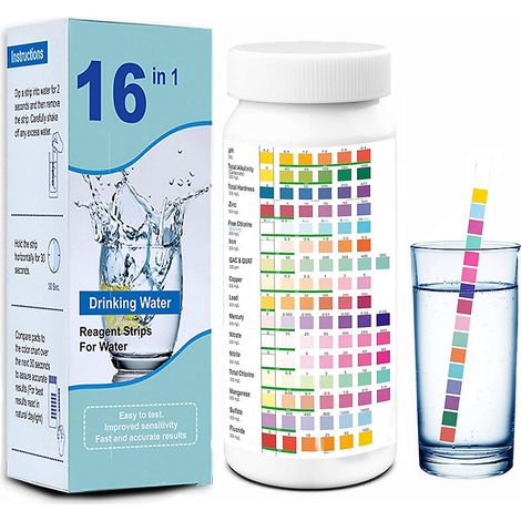 Kit de test d&aposeau domestique 16 en 1, 100 bandelettes de test de qualité de l&aposeau avec tube pour domestique et eau de puits (1/5)