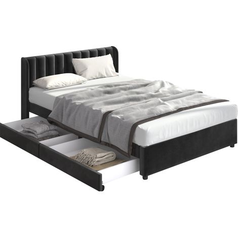 Lit avec Tiroirs 160x200 cm en Velours, Lit Double avec 2 Tiroirs, sans Matelas, Noir (1/5)