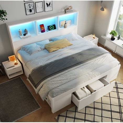CHICFURN Letto matrimoniale 140x200 cm in legno bianco con contenitore e 2 comodini mobili (1/5)