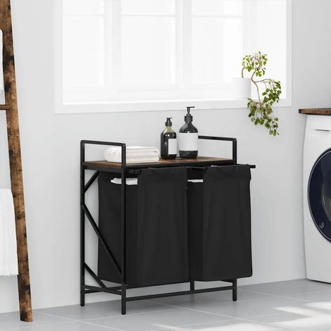 vidaXL Cesto de ropa sucia de 2 compartimentos con estante, de roble ahumado (1/3)
