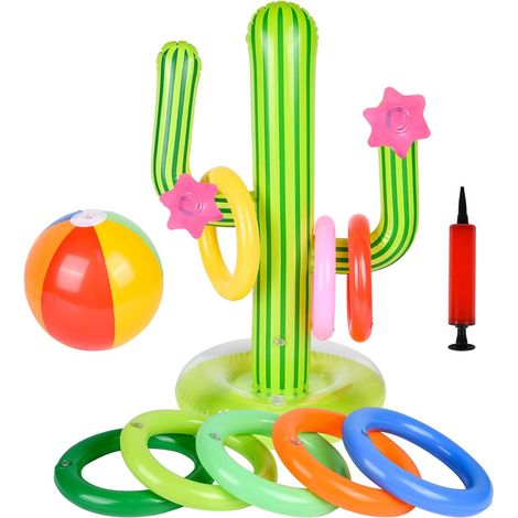 Inflatable Cactus Ring Toss Game, 11-Piece Set of Inflatable Pool Toys, Floating Cactus Ring Toss Game, Floating Pool Toy for Mexican Outdoor Fiesta Parties