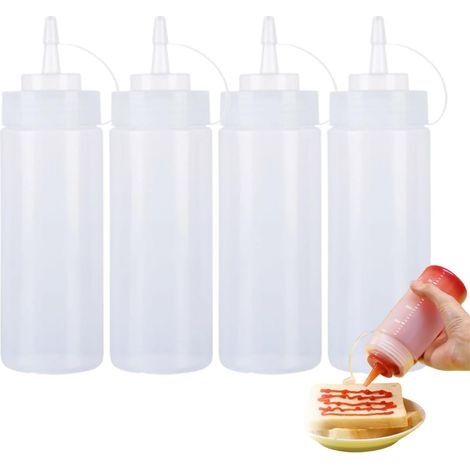 4 bouteilles presser transparentes – flacons souples réutilisables avec échelle mesure pour ketchup, sauces, mayo, moutarde